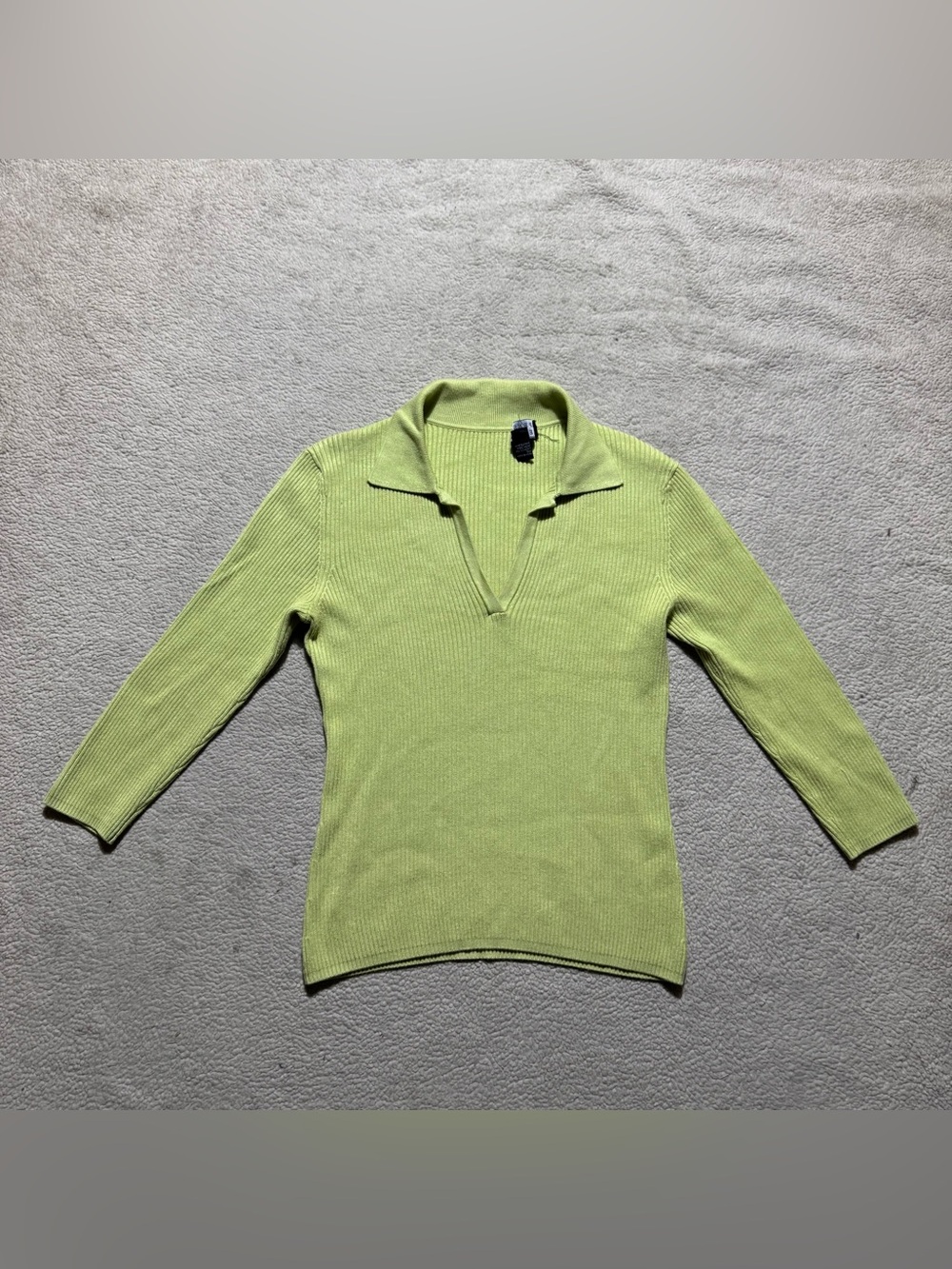 Spenser Jeremy Top Womens Small Green Ribbed 3/4 Sleeve Open Collar Silk Blend